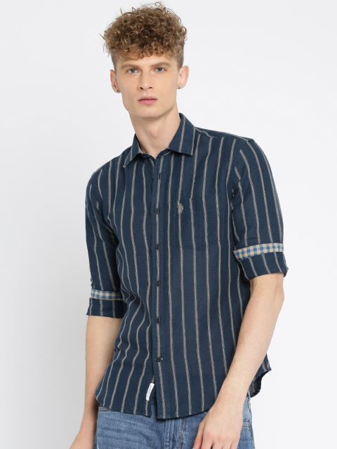 U.S. Polo Assn. Men Navy Tailored Fit Striped Casual Shirt