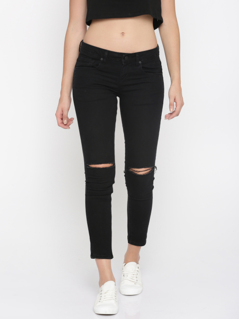Moda Rapido Women Black Skinny Fit Mid-Rise Slash Knee Stretchable Jeans