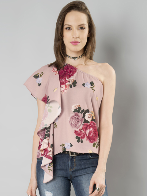FabAlley Women Pink Printed One-Shoulder Top