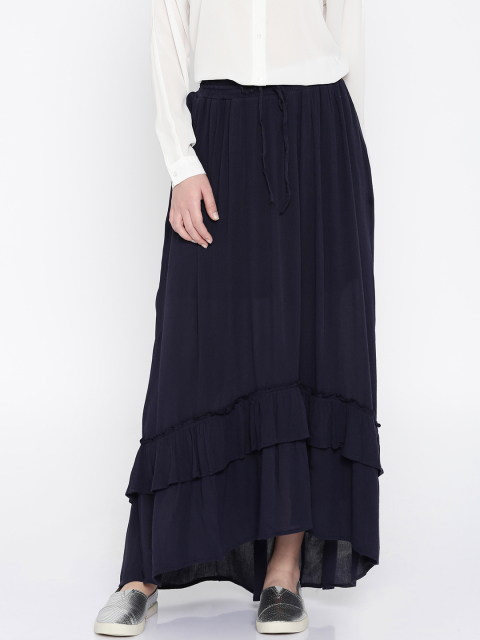ONLY Navy Solid Flared Maxi Skirt
