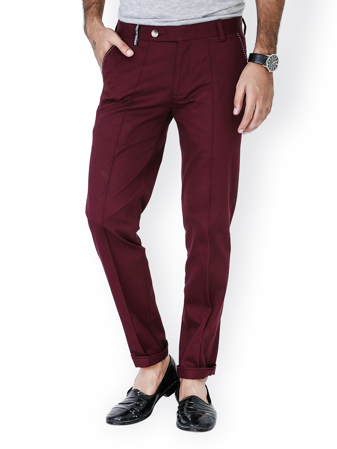 MR BUTTON Men Burgundy Slim Fit Chino Trousers