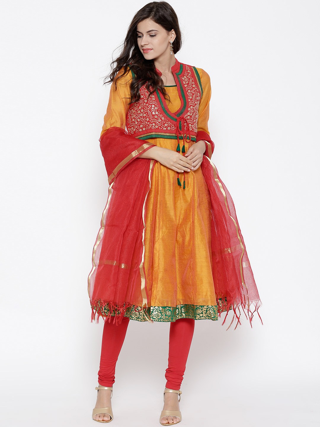 RANGMANCH BY PANTALOONS Women Red & Gold-Toned Ethnic Motifs A-Line Silk  Midi Dress - Absolutely Desi