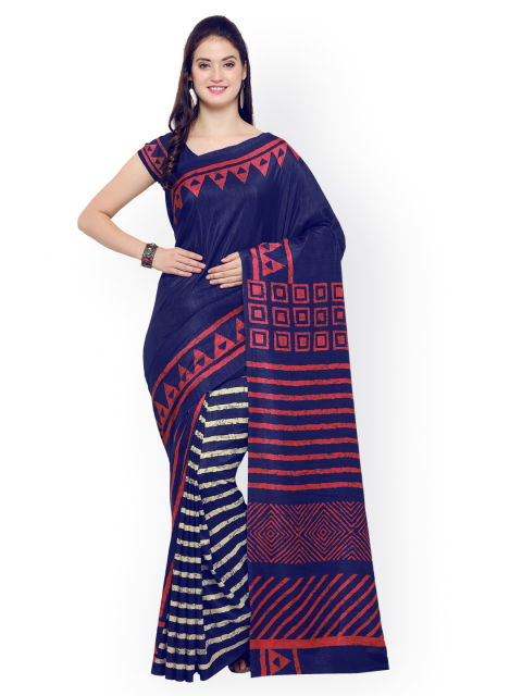Satrani Navy Blue Silk Blend Printed Saree