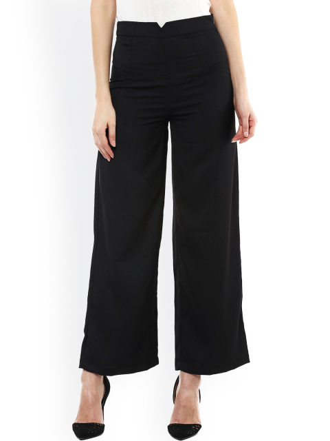 SASSAFRAS Women Black Solid Smart Fit Flat-Front Trousers