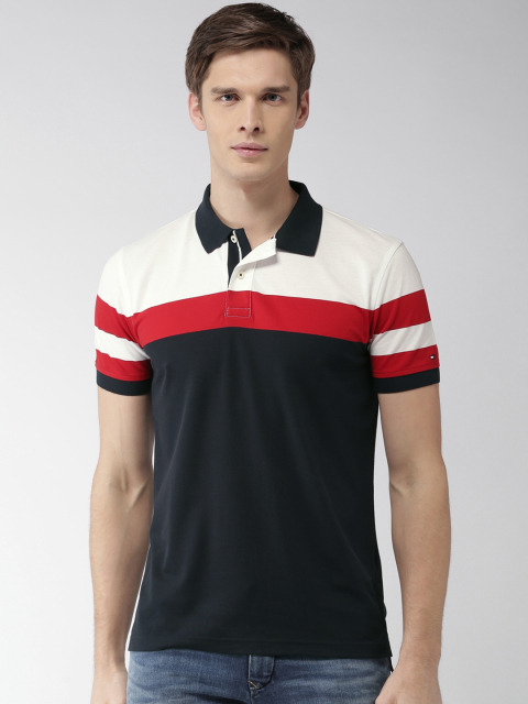 Tommy Hilfiger Men Navy Blue & White Colourblocked Polo T-Shirt