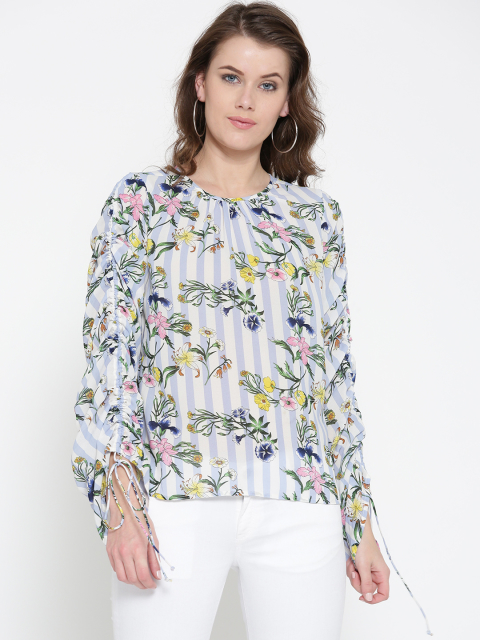 ONLY Women Blue & Off-White Floral Print Top