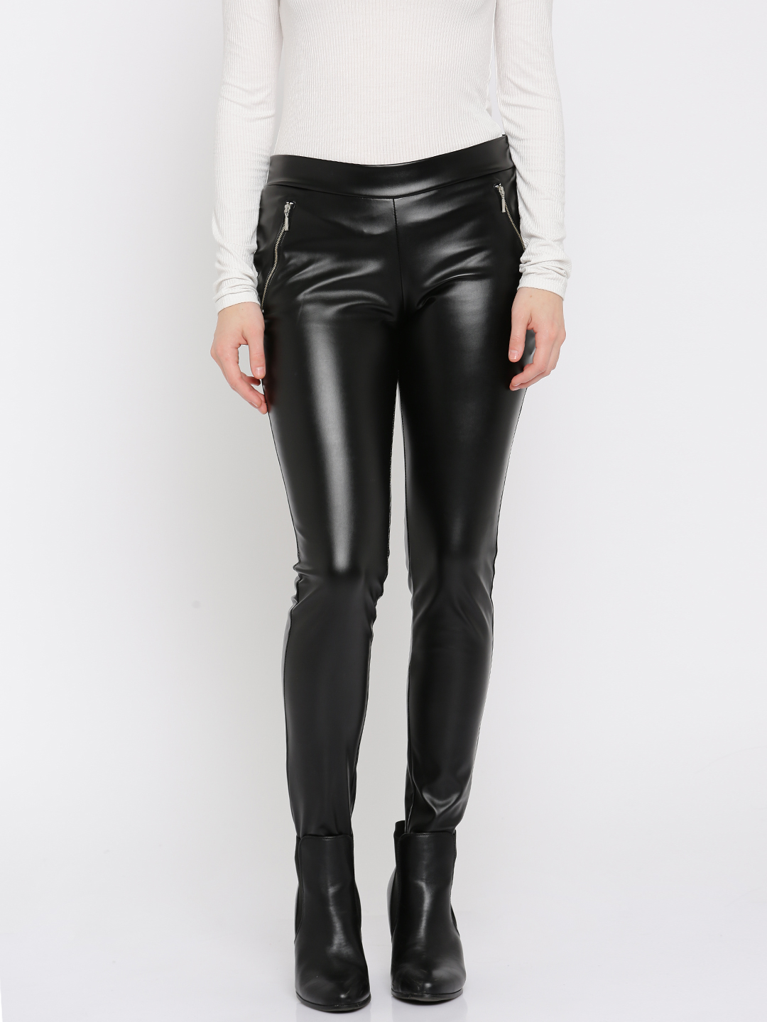Womens High Waist Leather Look Zip Side Trouser  Boohoo UK