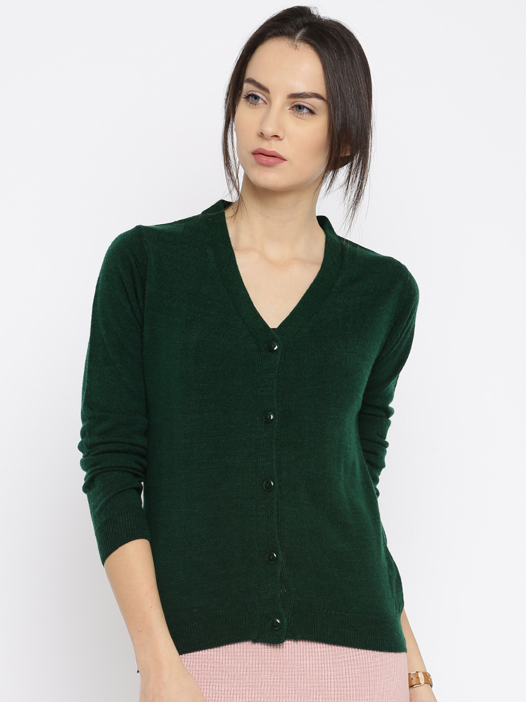 ether Women Green Solid Wool Blend Cardigan