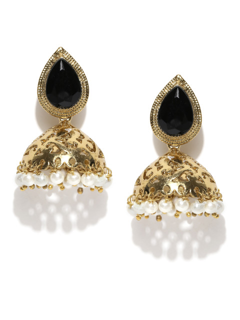Fida Gold-Toned & Black Stone-Studded Jhumka Earrings