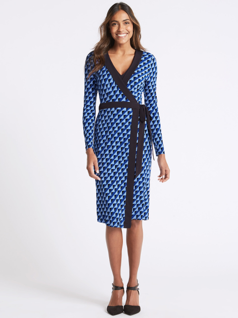 Marks & Spencer Women Blue & Black Printed Wrap Dress