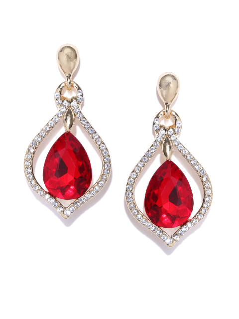 YouBella Off-White & Red Gold-Plated Teardrop Shaped Drop Earrings