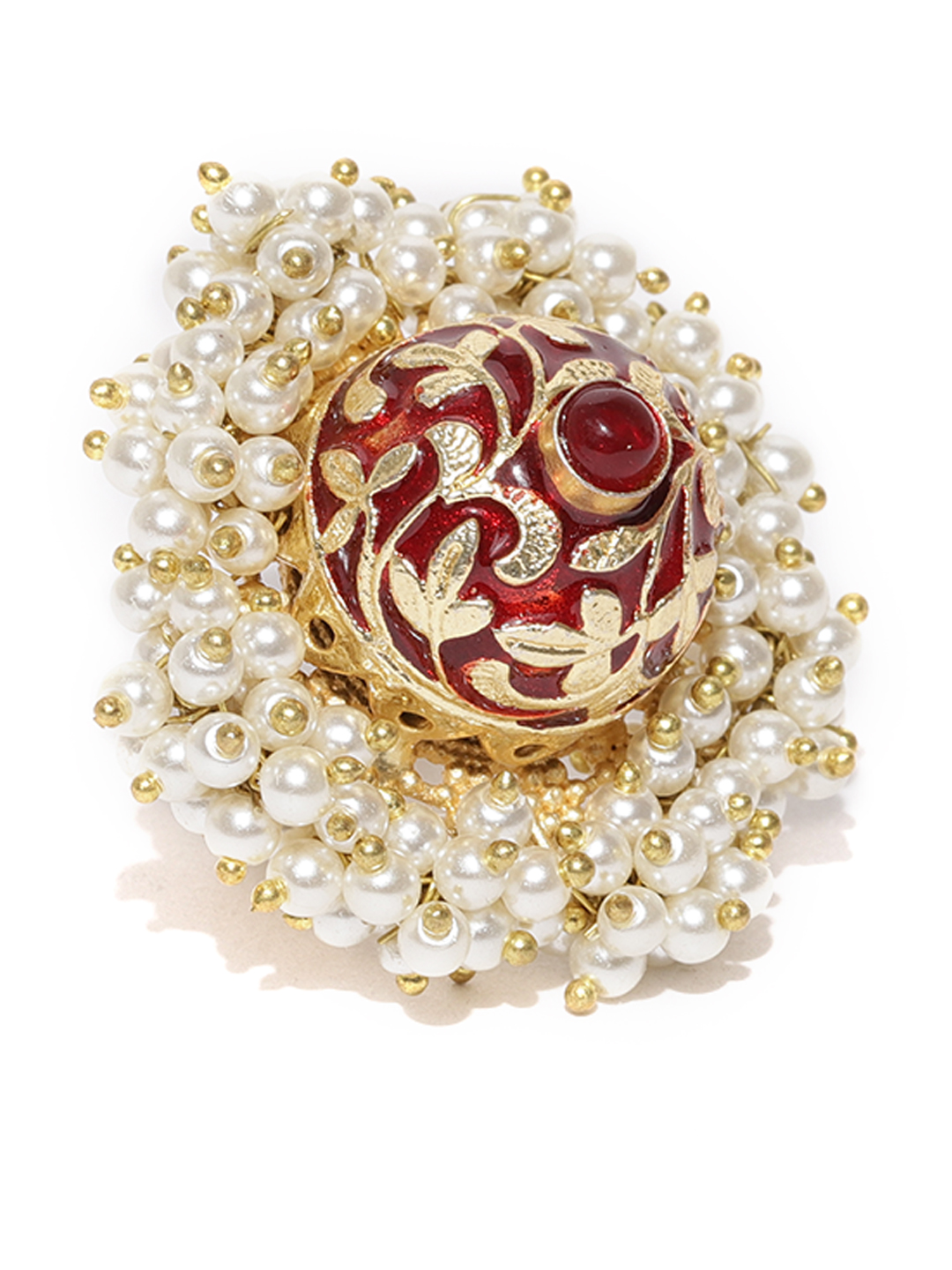 Gold-Toned & Red Beaded Textured Meenakari-work Adjustable Ring