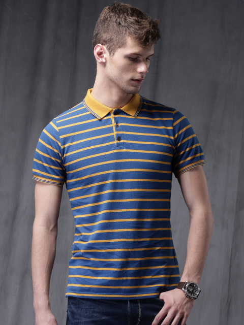 WROGN Blue & Mustard Yellow Striped Polo Slim T-shirt