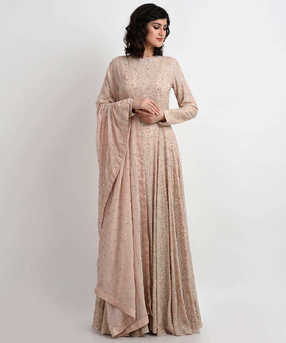 Oyster Pink Gold Embroidered Floor Length Georgette Suit