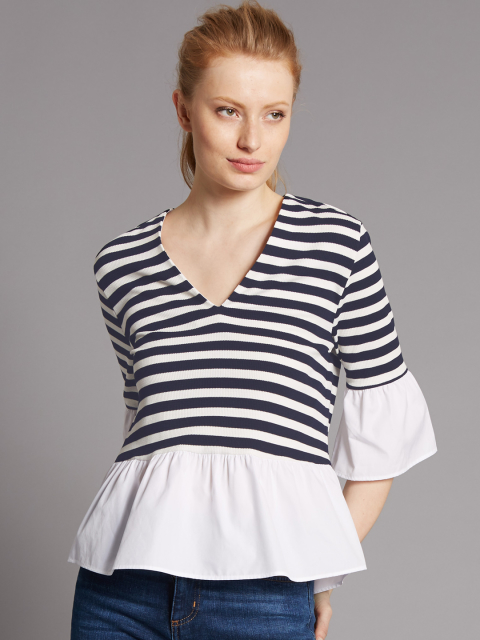 Autograph by Marks & Spencer Women Off-White & Navy Striped Top