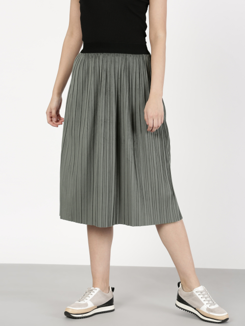 ether Charcoal Grey A-Line Velvet Midi Skirt