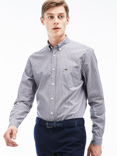 Lacoste Grey & White Regular Fit Striped Semiformal Shirt