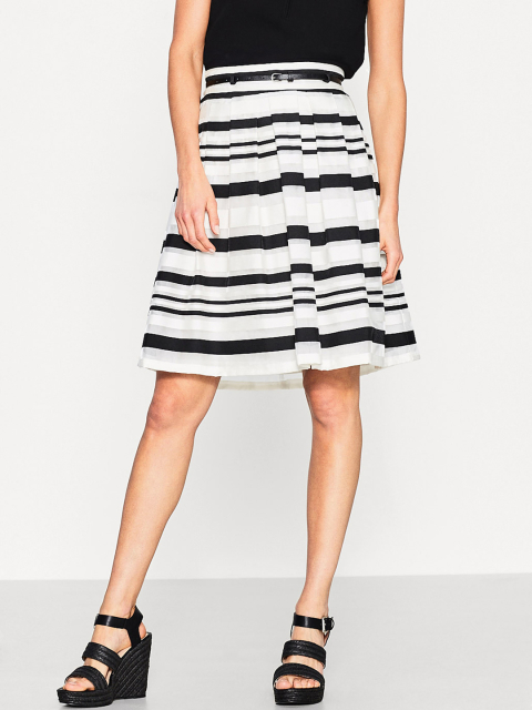 ESPRIT Off-White & Black Striped Pleated Belted A-Line Skirt