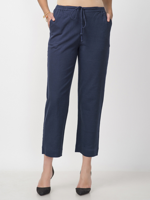 Fabindia Women Navy Blue Regular Fit Solid Handwoven Cropped Trousers