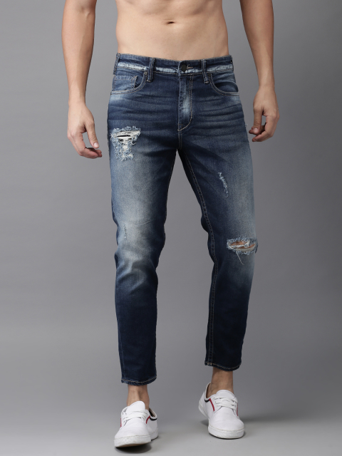 HERE&NOW Men Navy Blue Slim Fit Mid-Rise Highly Distressed Stretchable Jeans