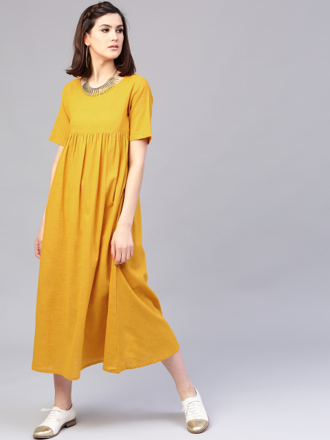 AKS Women Mustard Yellow Midi Empire-Line Dress