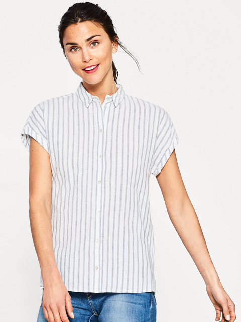 ESPRIT Women White & Blue Striped Casual Shirt