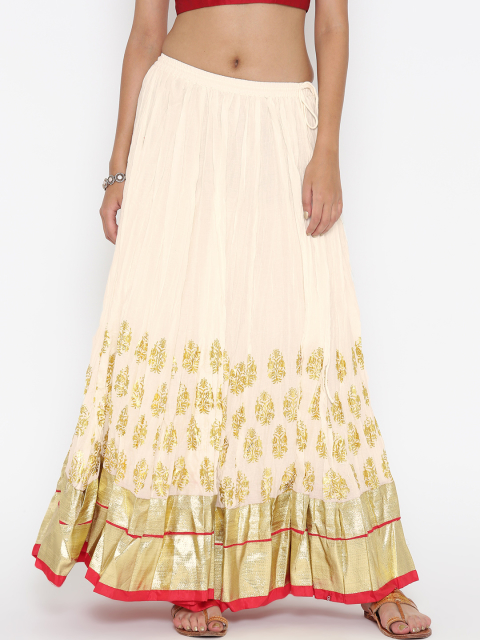 Biba Off-White & Golden Printed Maxi Flared Skirt