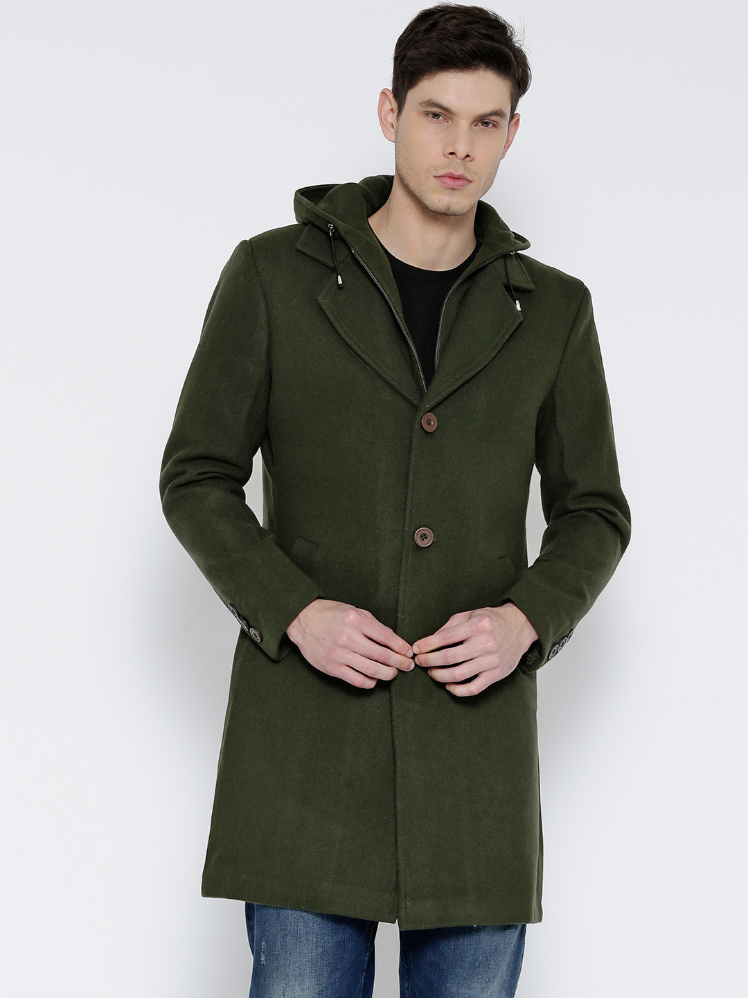 Fort Collins Olive Green Longline Coat with Detachable Hood