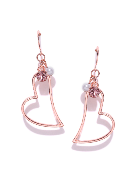 OOMH Rose Gold-Toned & Pink Heart-Shaped Drop Earrings