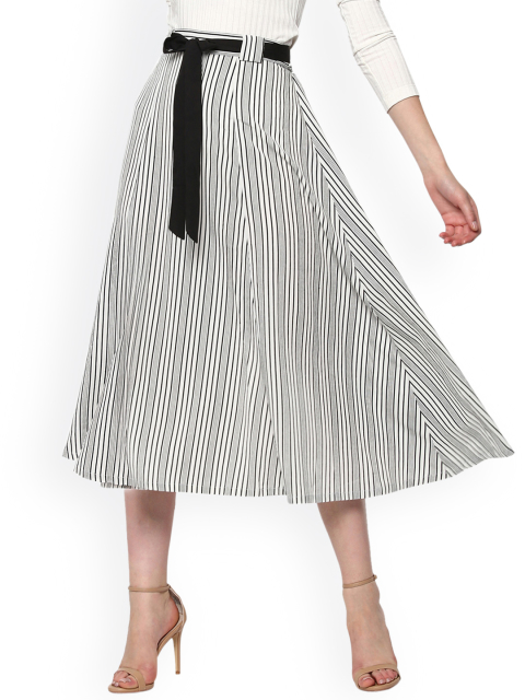 SASSAFRAS Black & White Striped A-Line Midi Skirt
