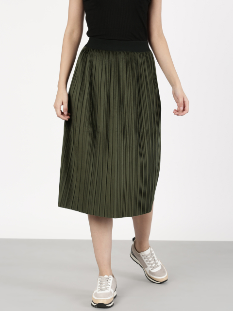 ether Olive Green A-Line Velvet Midi Skirt