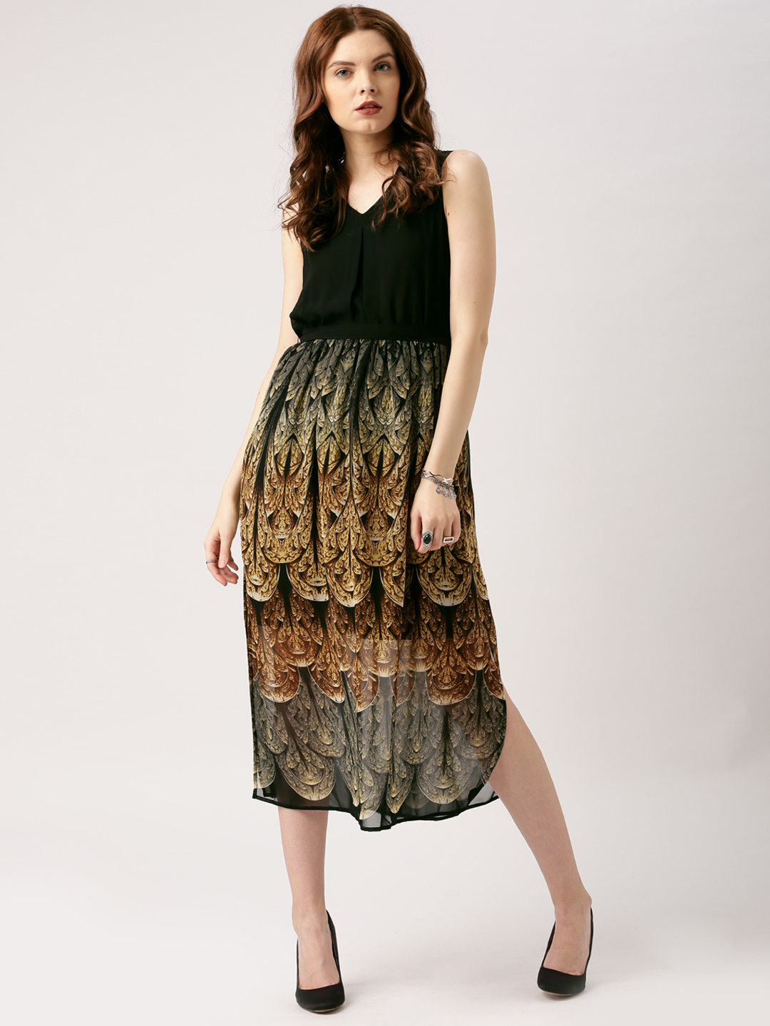 all about you Women Black & Olive Green Printed A-line Dress