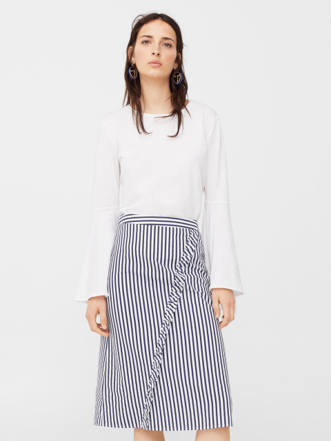 MANGO White & Navy Striped A-Line Skirt