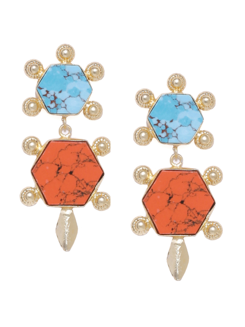 The Jewel Basket Gold-Toned & Orange Geometric Drop Earrings