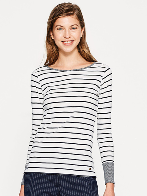 ESPRIT Women White & Black Striped Round Neck T-shirt