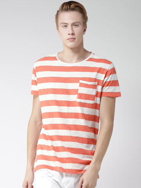 Scotch & Soda Men Orange & Off-White Striped Round Neck T-shirt