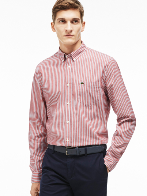 Lacoste Pink & Grey Regular Fit Striped Semiformal Shirt