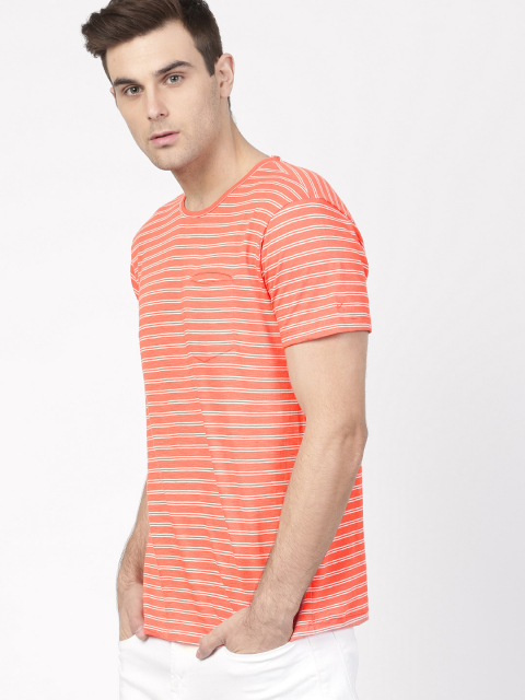 Ether Men Orange & White Striped Round Neck T-shirt