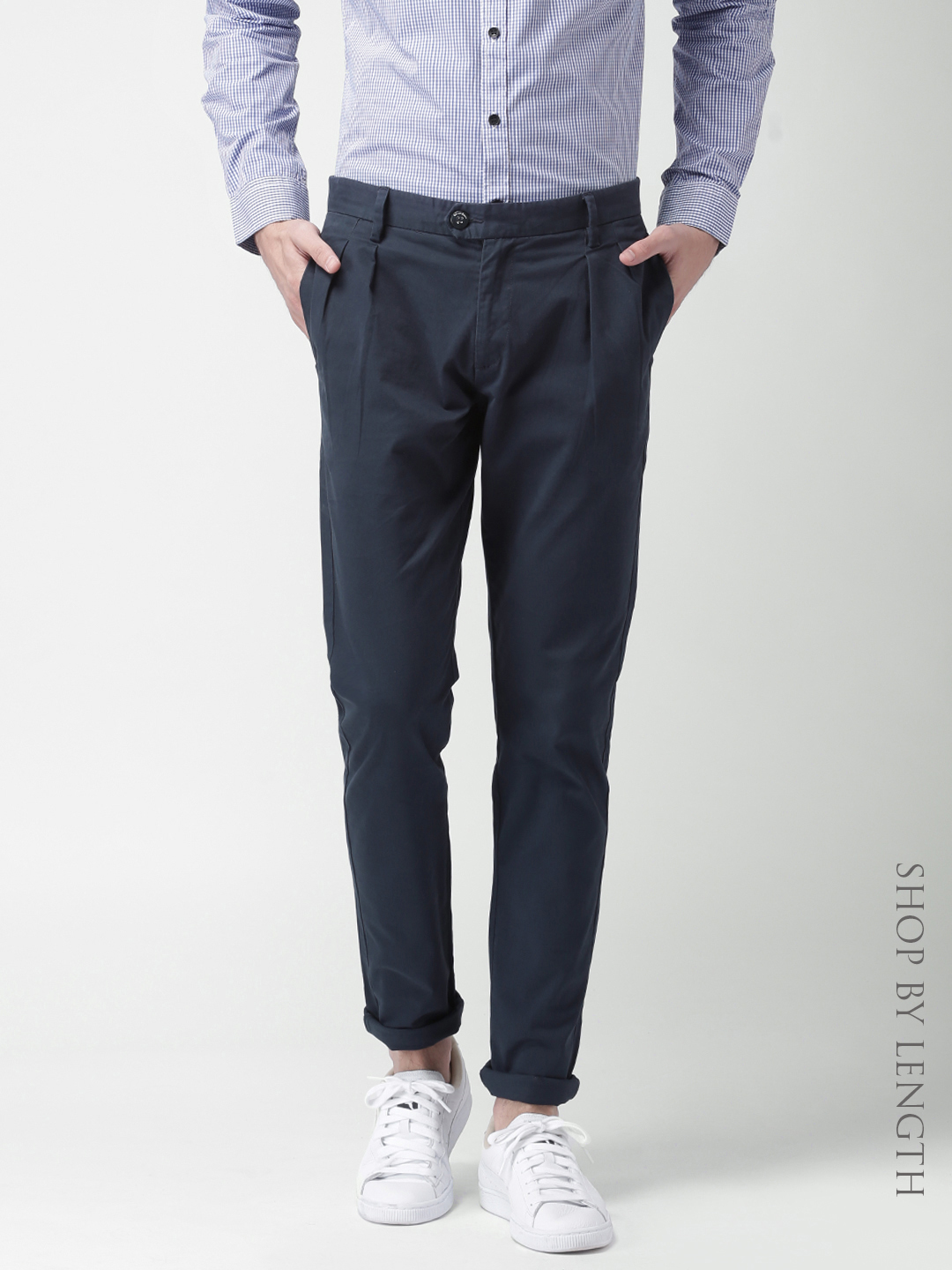 Mast & Harbour Navy Slim Differential Length Pleated Casual Trousers