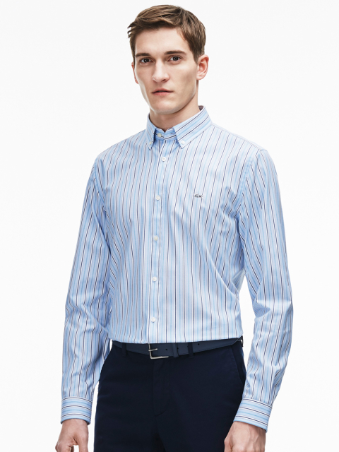 Lacoste Blue & White Regular Fit Striped Semiformal Shirt