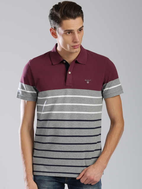 GANT Men Grey & Burgundy Striped Polo Collar T-shirt