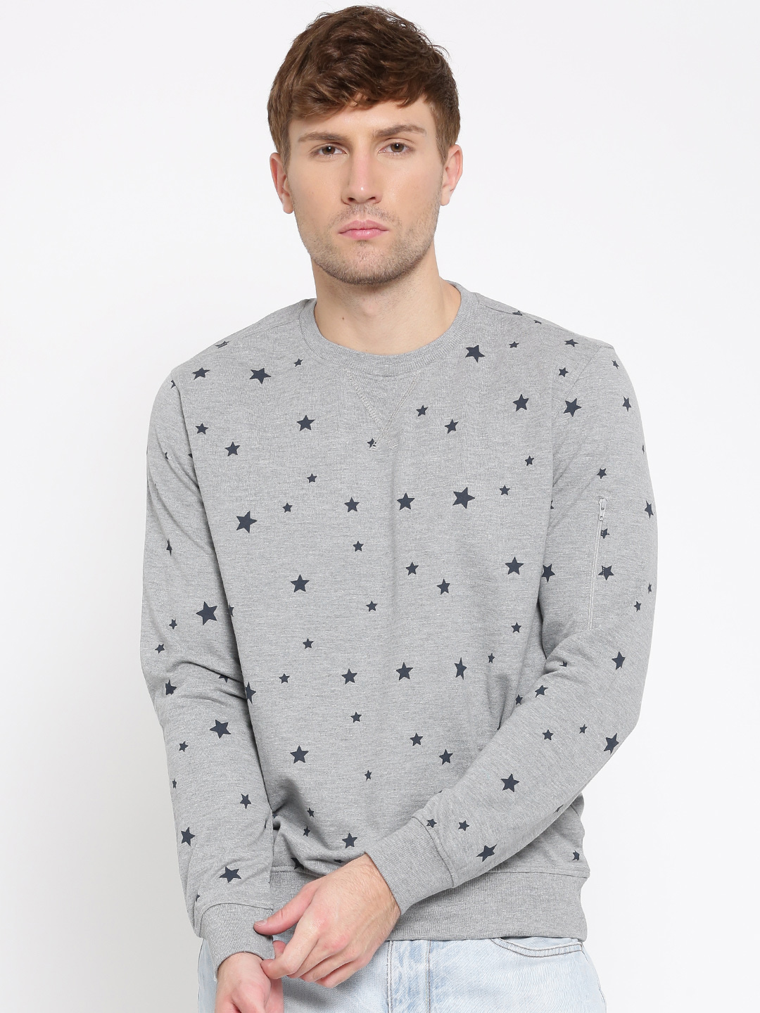 John Players Grey Melange Slim Fit Printed Sweatshirt
