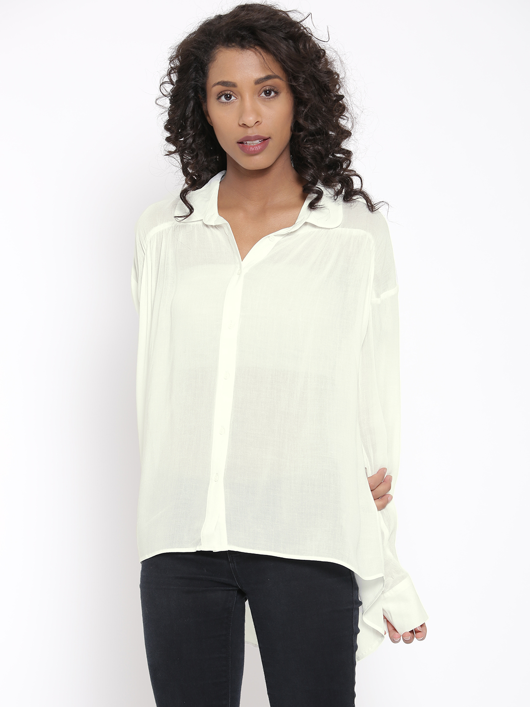 Marks & Spencer Women Off-White Solid High-Low Sheer Shirt