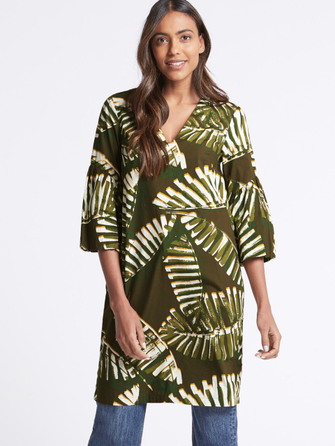 Marks & Spencer Women Green & Off-White Printed A-Line Dress