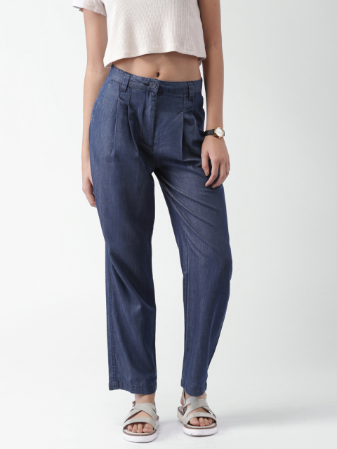 Mast & Harbour Women Blue Solid Pleated Denim Casual Trousers