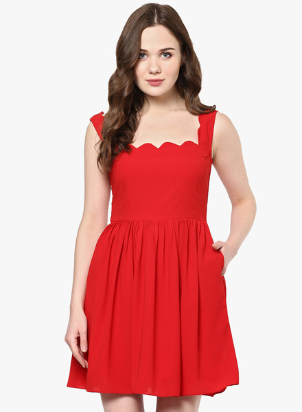Red Solid Skater Dress