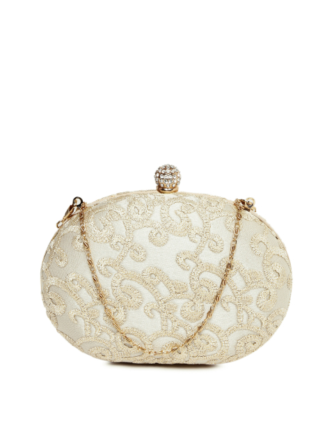DressBerry Beige Shimmer & Embroidered Box Clutch with Chain Strap