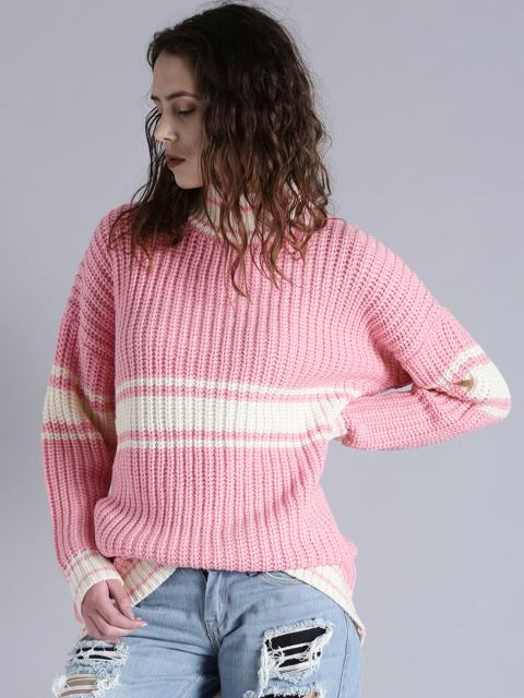 Kook N Keech Women Pink & Off-White Self Design Sweater