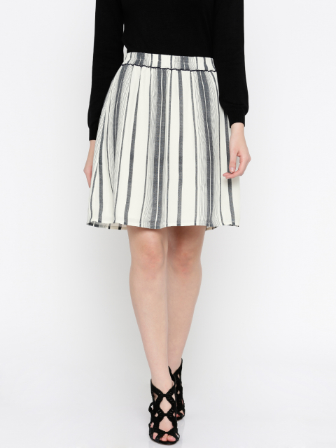 Vero Moda White & Charcoal Grey A-Line Striped Skirt