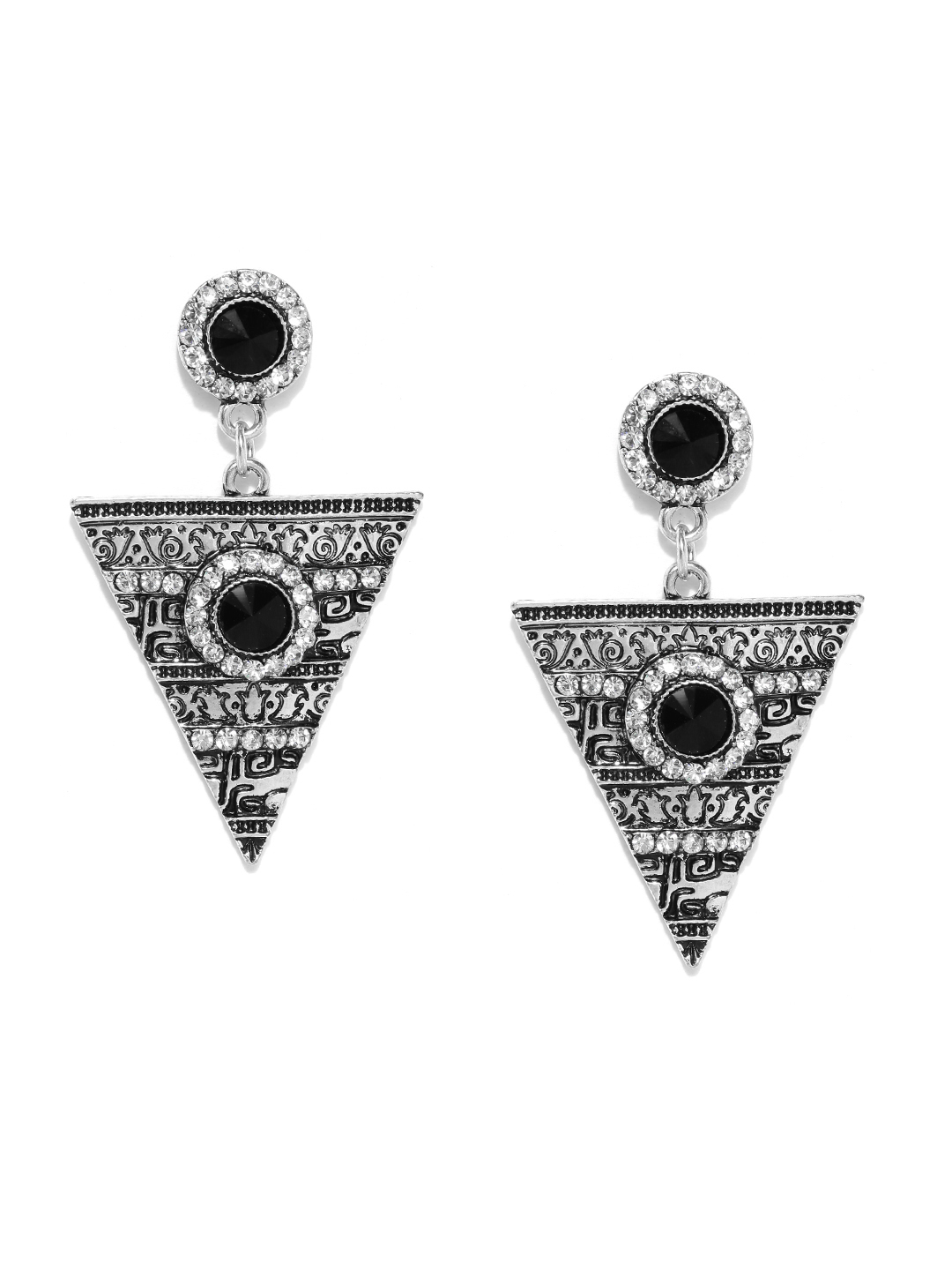 Anouk Oxidised Silver-Toned & Black Stone-Studded Drop Earrings